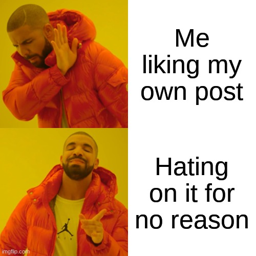 Me liking my own post Hating on it for no reason | image tagged in memes,drake hotline bling | made w/ Imgflip meme maker