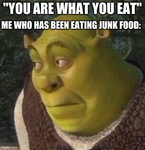 Shrek | "YOU ARE WHAT YOU EAT"; ME WHO HAS BEEN EATING JUNK FOOD: | image tagged in shrek | made w/ Imgflip meme maker