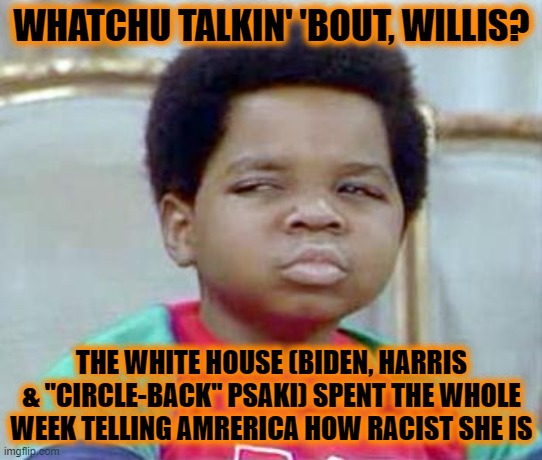 Whatchu Talkin' Bout, Willis? | WHATCHU TALKIN' 'BOUT, WILLIS? THE WHITE HOUSE (BIDEN, HARRIS & "CIRCLE-BACK" PSAKI) SPENT THE WHOLE WEEK TELLING AMRERICA HOW RACIST SHE IS | image tagged in whatchu talkin' bout willis | made w/ Imgflip meme maker