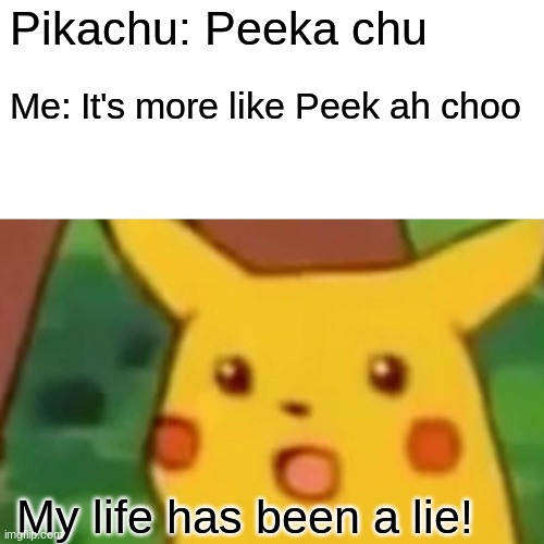 Surprised Pikachu Meme | Pikachu: Peeka chu; Me: It's more like Peek ah choo; My life has been a lie! | image tagged in memes,surprised pikachu | made w/ Imgflip meme maker