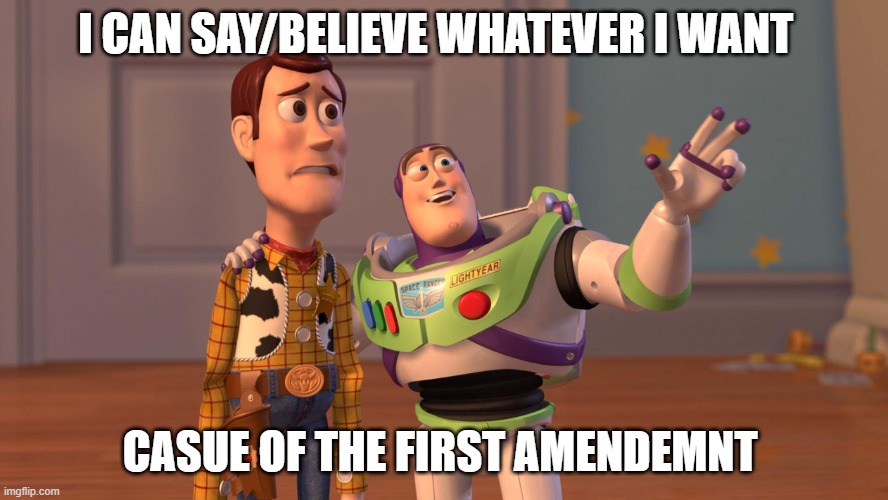 1st Amendment | I CAN SAY/BELIEVE WHATEVER I WANT; CASUE OF THE FIRST AMENDEMNT | image tagged in woody and buzz lightyear everywhere widescreen | made w/ Imgflip meme maker