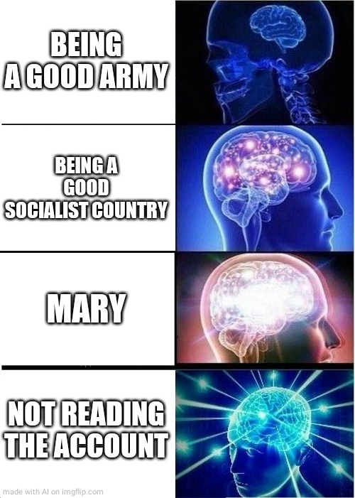 AI generated memes are weird | BEING A GOOD ARMY; BEING A GOOD SOCIALIST COUNTRY; MARY; NOT READING THE ACCOUNT | image tagged in memes,expanding brain | made w/ Imgflip meme maker