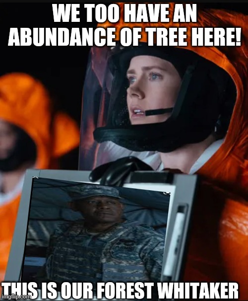 Arrival | WE TOO HAVE AN ABUNDANCE OF TREE HERE! THIS IS OUR FOREST WHITAKER | image tagged in aliens,space,fun,movies | made w/ Imgflip meme maker
