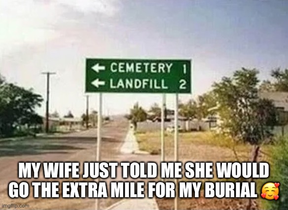 Extra mile | MY WIFE JUST TOLD ME SHE WOULD GO THE EXTRA MILE FOR MY BURIAL 🥰 | image tagged in buried,extra,love,wife | made w/ Imgflip meme maker