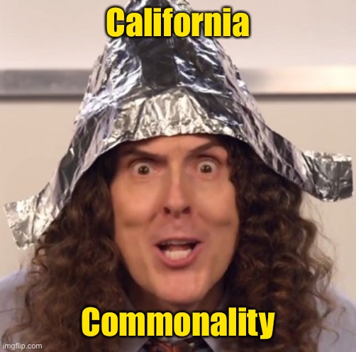 Weird al tinfoil hat | California Commonality | image tagged in weird al tinfoil hat | made w/ Imgflip meme maker