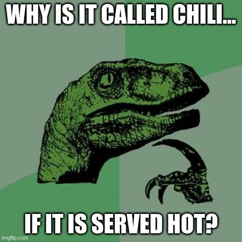Hmm... | WHY IS IT CALLED CHILI... IF IT IS SERVED HOT? | image tagged in memes,philosoraptor | made w/ Imgflip meme maker