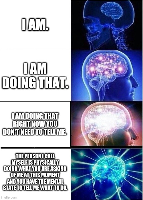 Expanding Brain Meme | I AM. I AM DOING THAT. I AM DOING THAT RIGHT NOW YOU DON'T NEED TO TELL ME. THE PERSON I CALL MYSELF IS PHYSICALLY DOING WHAT YOU ARE ASKING OF ME AT THIS MOMENT AND YOU HAVE THE MENTAL STATE TO TELL ME WHAT TO DO. | image tagged in memes,expanding brain | made w/ Imgflip meme maker