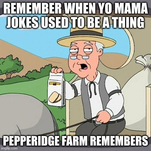 Pepperidge Farm Remembers Meme | REMEMBER WHEN YO MAMA JOKES USED TO BE A THING; PEPPERIDGE FARM REMEMBERS | image tagged in memes,pepperidge farm remembers | made w/ Imgflip meme maker