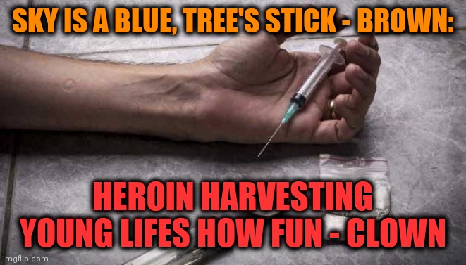 Penny - wise. | SKY IS A BLUE, TREE'S STICK - BROWN:; HEROIN HARVESTING YOUNG LIFES HOW FUN - CLOWN | image tagged in heroin,scary clown,lol so funny,needles,war on drugs,harvest | made w/ Imgflip meme maker