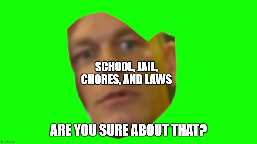 Are you sure about that? (Cena) | SCHOOL, JAIL, CHORES, AND LAWS ARE YOU SURE ABOUT THAT? | image tagged in are you sure about that cena | made w/ Imgflip meme maker
