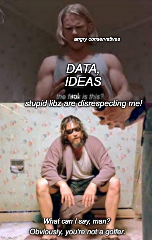 I'm sure [rational thought] is [on Politics]. Let me take another look. | angry conservatives; DATA,
IDEAS; stupid libz are disrespecting me! What can I say, man? | image tagged in not a bowler,argument,right wing,anger,big lebowski | made w/ Imgflip meme maker