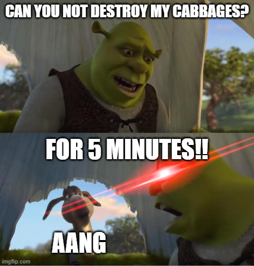 Shrek For Five Minutes | CAN YOU NOT DESTROY MY CABBAGES? FOR 5 MINUTES!! AANG | image tagged in shrek for five minutes | made w/ Imgflip meme maker