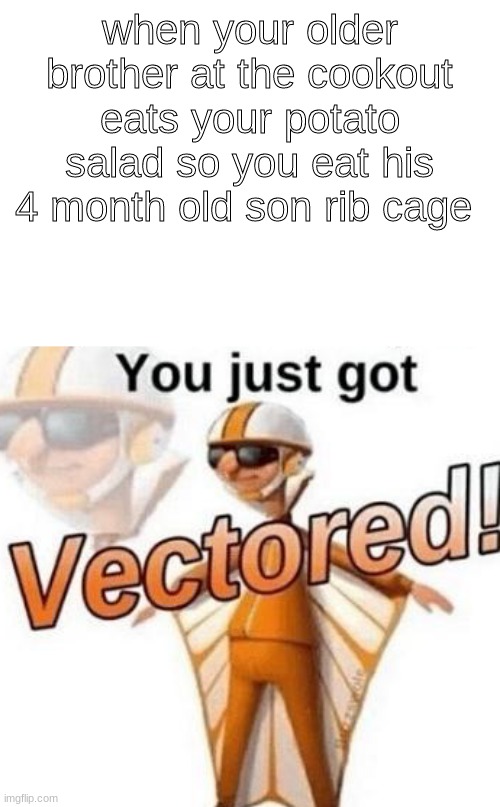 You just got vectored | when your older brother at the cookout eats your potato salad so you eat his 4 month old son rib cage | image tagged in you just got vectored | made w/ Imgflip meme maker