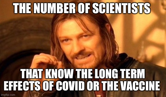 One Does Not Simply Meme | THE NUMBER OF SCIENTISTS THAT KNOW THE LONG TERM EFFECTS OF COVID OR THE VACCINE | image tagged in memes,one does not simply | made w/ Imgflip meme maker