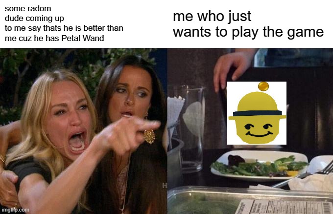 bss meme #1 | some radom
dude coming up
to me say thats he is better than
me cuz he has Petal Wand; me who just wants to play the game | image tagged in memes,woman yelling at cat,bees | made w/ Imgflip meme maker