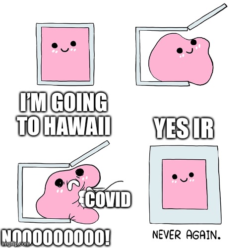 Pink Blob In the Box | I’M GOING TO HAWAII; YES IR; COVID; NOOOOOOOOO! | image tagged in pink blob in the box | made w/ Imgflip meme maker