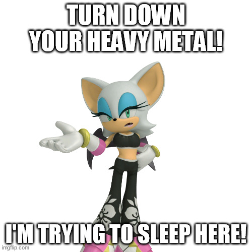 With ears that big, she can hear it anywhere in the house. | TURN DOWN YOUR HEAVY METAL! I'M TRYING TO SLEEP HERE! | image tagged in annoyed rouge the bat | made w/ Imgflip meme maker