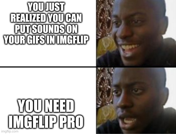Omg you can... oh | YOU JUST REALIZED YOU CAN PUT SOUNDS ON YOUR GIFS IN IMGFLIP; YOU NEED IMGFLIP PRO | image tagged in oh yeah oh no,my disappointment is immeasurable | made w/ Imgflip meme maker