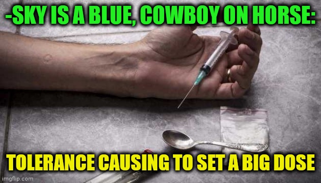 -Increasing hierarchy. | -SKY IS A BLUE, COWBOY ON HORSE:; TOLERANCE CAUSING TO SET A BIG DOSE | image tagged in heroin,dark humor,dallas cowboys,four horsemen,overdose,lactose intolerant | made w/ Imgflip meme maker