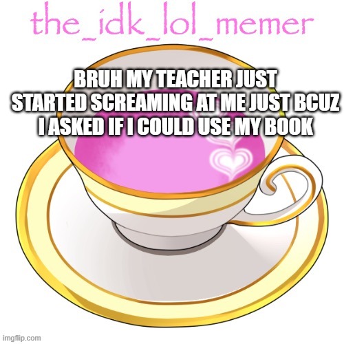 y tho | BRUH MY TEACHER JUST STARTED SCREAMING AT ME JUST BCUZ I ASKED IF I COULD USE MY BOOK | image tagged in the_idk_lol_memer temp | made w/ Imgflip meme maker