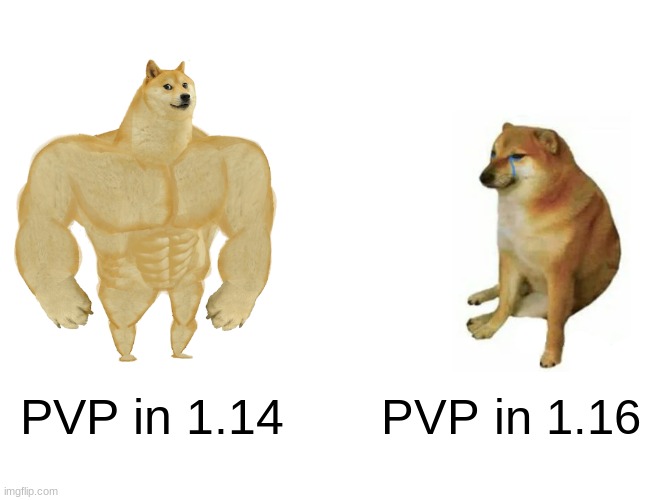 Buff Doge vs. Cheems | PVP in 1.14; PVP in 1.16 | image tagged in memes,buff doge vs cheems | made w/ Imgflip meme maker
