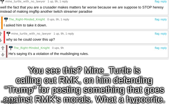 Vote Wubbzy if you want the truth! | You see this? Mine_Turtle is calling out RMK, on him defending "Trump" for posting something that goes against RMK's morals. What a hypocrite. | image tagged in attack ad,crusader,liberal hypocrisy | made w/ Imgflip meme maker
