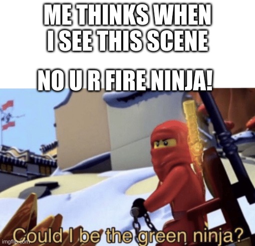 Kai is dumb |  ME THINKS WHEN I SEE THIS SCENE; NO U R FIRE NINJA! | image tagged in could i be the green ninja,dumb | made w/ Imgflip meme maker