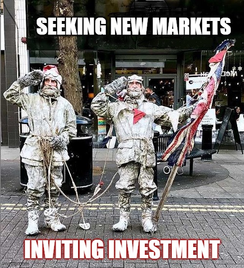 Global Quest | SEEKING NEW MARKETS; INVITING INVESTMENT | image tagged in british explorers,united kingdom,brexit,exports,imports,trade | made w/ Imgflip meme maker