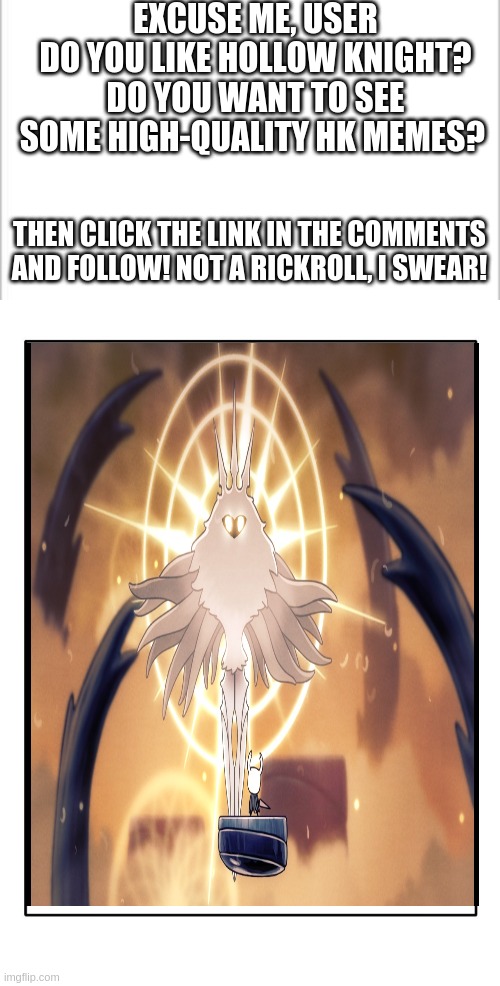 Hollow Knight stream advertisement | EXCUSE ME, USER
DO YOU LIKE HOLLOW KNIGHT?
DO YOU WANT TO SEE SOME HIGH-QUALITY HK MEMES? THEN CLICK THE LINK IN THE COMMENTS AND FOLLOW! NOT A RICKROLL, I SWEAR! | image tagged in white background,blank template | made w/ Imgflip meme maker