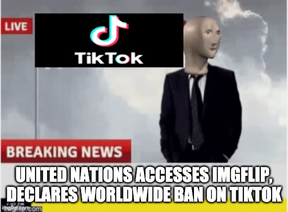 Tiktok news | UNITED NATIONS ACCESSES IMGFLIP, DECLARES WORLDWIDE BAN ON TIKTOK | image tagged in tiktok news | made w/ Imgflip meme maker