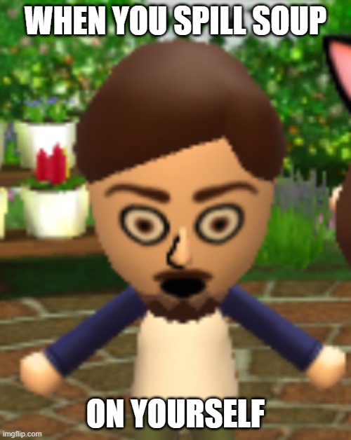 When you spill soup on yourself | WHEN YOU SPILL SOUP; ON YOURSELF | image tagged in soup,spilled,when you,that moment when,tomodachi life,gaming | made w/ Imgflip meme maker