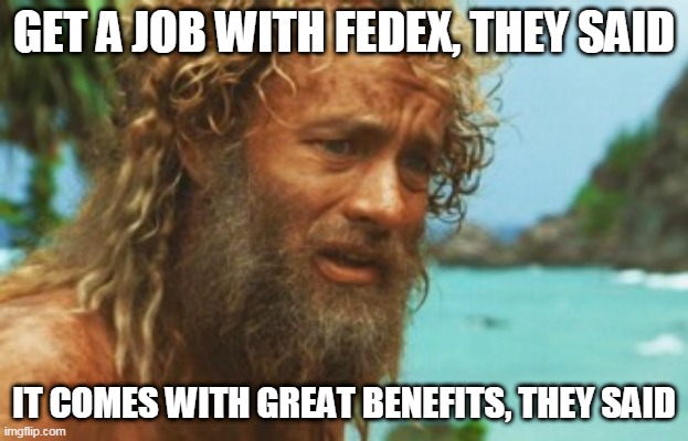 Job Security | GET A JOB WITH FEDEX, THEY SAID; IT COMES WITH GREAT BENEFITS, THEY SAID | image tagged in cast away | made w/ Imgflip meme maker