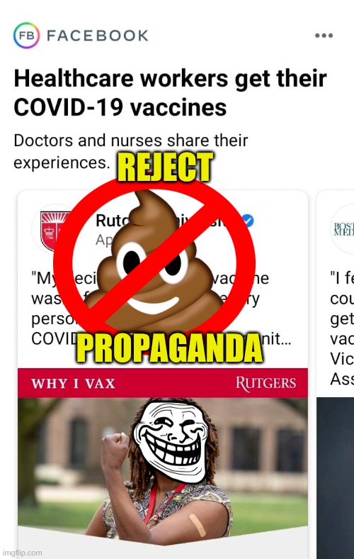 block the bullshit | REJECT; PROPAGANDA | image tagged in facebook,propaganda,vaccination,lies,no,what if | made w/ Imgflip meme maker