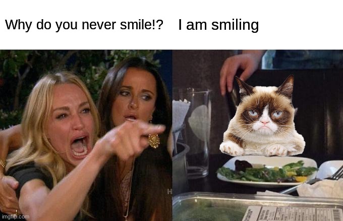 Woman Yelling At Cat | Why do you never smile!? I am smiling | image tagged in memes,woman yelling at cat | made w/ Imgflip meme maker