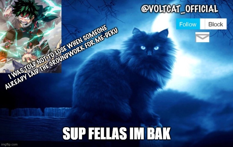 Voltcat's new template made by Oof_Calling | SUP FELLAS IM BAK | image tagged in voltcat's new template made by oof_calling | made w/ Imgflip meme maker