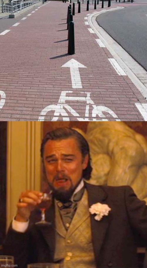 How many cyclists can we injure today? | image tagged in laughing leo,you had one job just the one,design fails,stupid signs,funny,bicycle | made w/ Imgflip meme maker