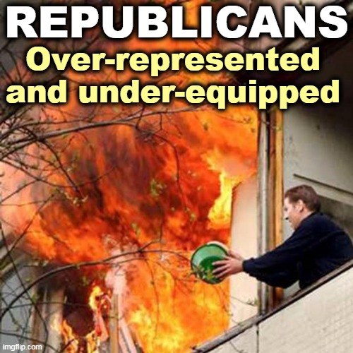 Fifty years late and five billion dollars short. | REPUBLICANS; Over-represented and under-equipped | image tagged in fire idiot bucket water,gop,republicans,too,little,too late | made w/ Imgflip meme maker