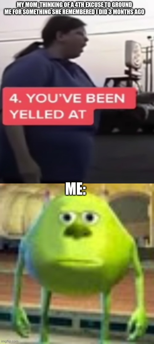 youve been yelled at | MY MOM  THINKING OF A 4TH EXCUSE TO GROUND ME FOR SOMETHING SHE REMEMBERED I DID 3 MONTHS AGO; ME: | image tagged in sully wazowski | made w/ Imgflip meme maker