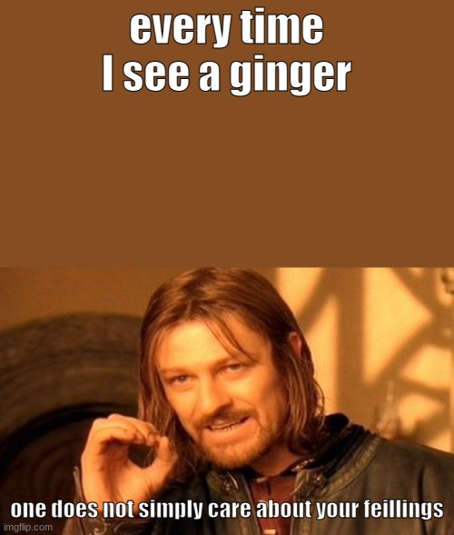 One Does Not Simply Meme | every time I see a ginger; one does not simply care about your feillings | image tagged in memes,one does not simply | made w/ Imgflip meme maker