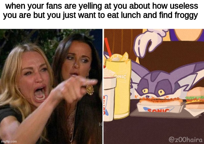 big the cat vs angry lady | when your fans are yelling at you about how useless you are but you just want to eat lunch and find froggy | image tagged in memes,sonic derp | made w/ Imgflip meme maker