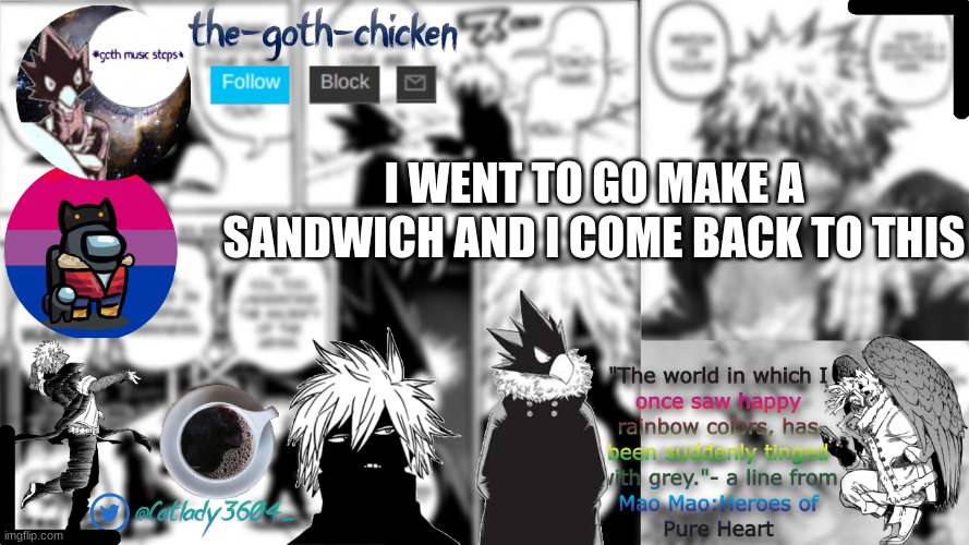 what the hell happened here | I WENT TO GO MAKE A SANDWICH AND I COME BACK TO THIS | image tagged in the-goth-chicken's announcement template | made w/ Imgflip meme maker