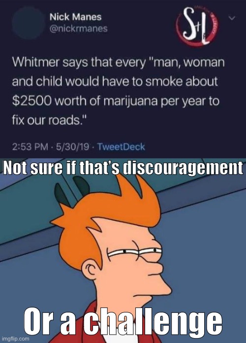 Back-of-the-envelope math: That’s $6.84 of weed per day. Achievable? | Not sure if that’s discouragement; Or a challenge | image tagged in memes,futurama fry,weed,smoke weed everyday,legalize weed,smoke weed | made w/ Imgflip meme maker