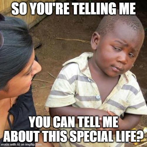 AI captures the skepticism of an unbeliever ■ [random AI generated meme] ■ | SO YOU'RE TELLING ME; YOU CAN TELL ME ABOUT THIS SPECIAL LIFE? | image tagged in memes,third world skeptical kid,so you're telling me,i want to believe,christianity,ai meme | made w/ Imgflip meme maker