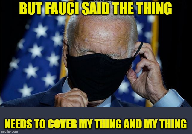 biden mask | BUT FAUCI SAID THE THING NEEDS TO COVER MY THING AND MY THING | image tagged in biden mask | made w/ Imgflip meme maker