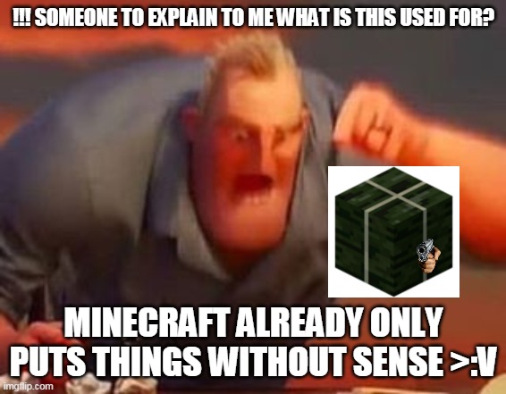 minecraft | !!! SOMEONE TO EXPLAIN TO ME WHAT IS THIS USED FOR? MINECRAFT ALREADY ONLY PUTS THINGS WITHOUT SENSE >:V | image tagged in mr incredible mad | made w/ Imgflip meme maker