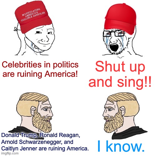 Things that make you go hmmm | Shut up and sing!! Celebrities in politics are ruining America! Donald Trump, Ronald Reagan, Arnold Schwarzenegger, and Caitlyn Jenner are ruining America. I know. | image tagged in maga wojaks vs yes chad,conservative hypocrisy,celebrities,politics,republican party,arnold schwarzenegger | made w/ Imgflip meme maker