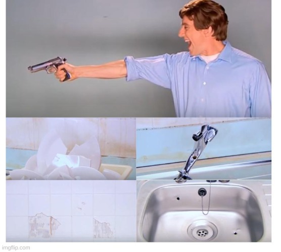 Kitchen gun destruction | image tagged in kitchen gun destruction | made w/ Imgflip meme maker