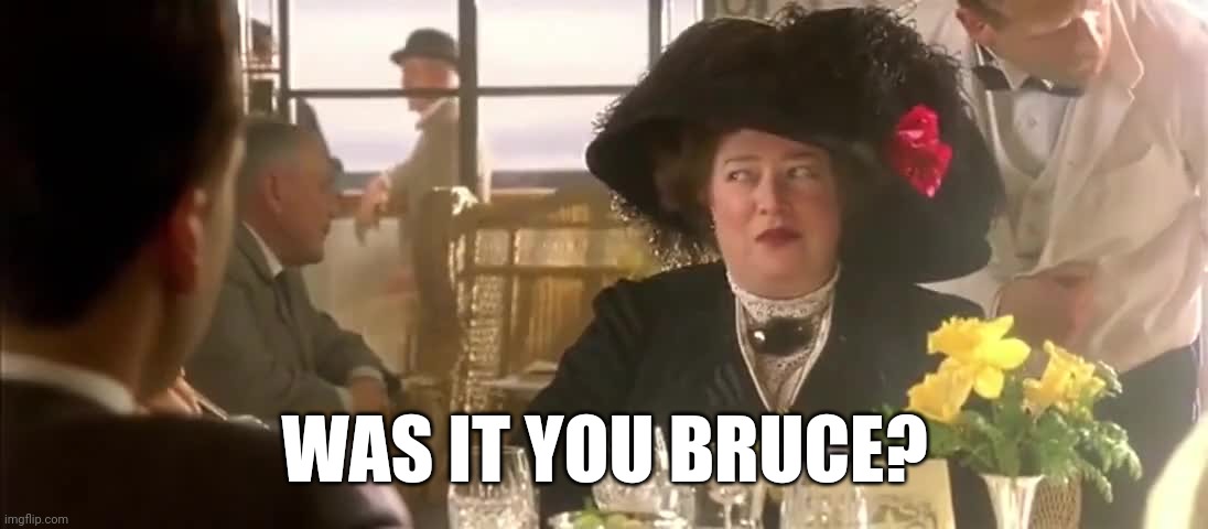 Was it you Bruce? | WAS IT YOU BRUCE? | image tagged in titanic,bruce,was it you bruce,molly brown,unsinkable molly brown | made w/ Imgflip meme maker