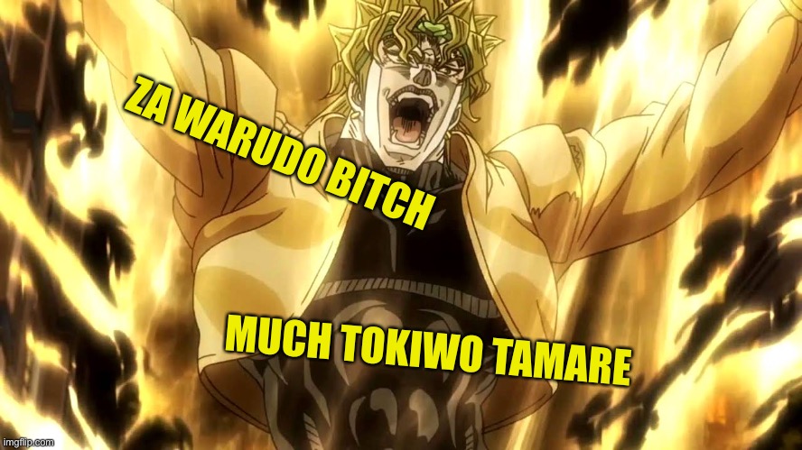 Za Warudo | ZA WARUDO BITCH MUCH TOKIWO TAMARE | image tagged in za warudo | made w/ Imgflip meme maker