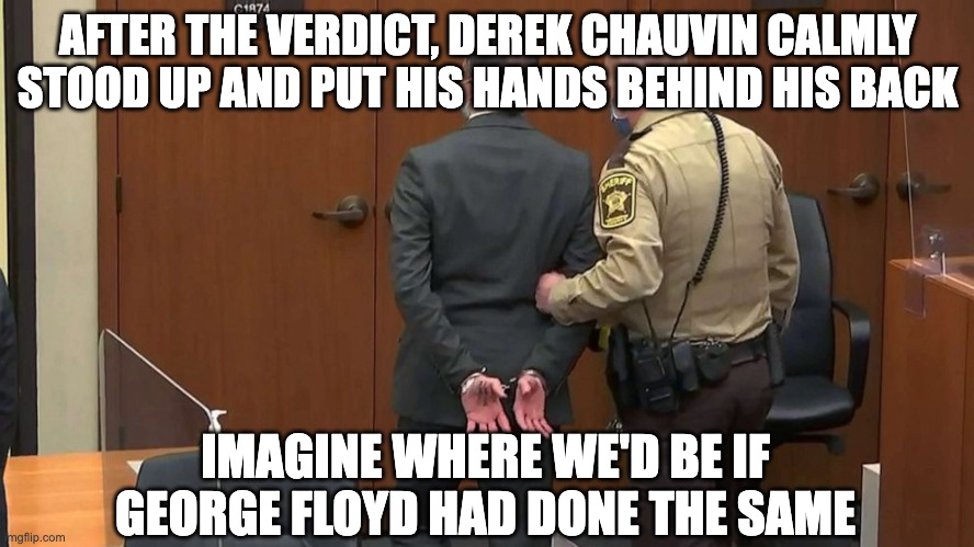 Chauvin | AFTER THE VERDICT, DEREK CHAUVIN CALMLY STOOD UP AND PUT HIS HANDS BEHIND HIS BACK; IMAGINE WHERE WE'D BE IF GEORGE FLOYD HAD DONE THE SAME | image tagged in chauvin handcuffs | made w/ Imgflip meme maker